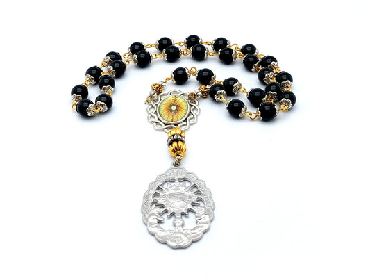 Blessed Sacrament unique rosary beads prayer chaplet with onyx gemstone beads, silver picture centre and end medals.