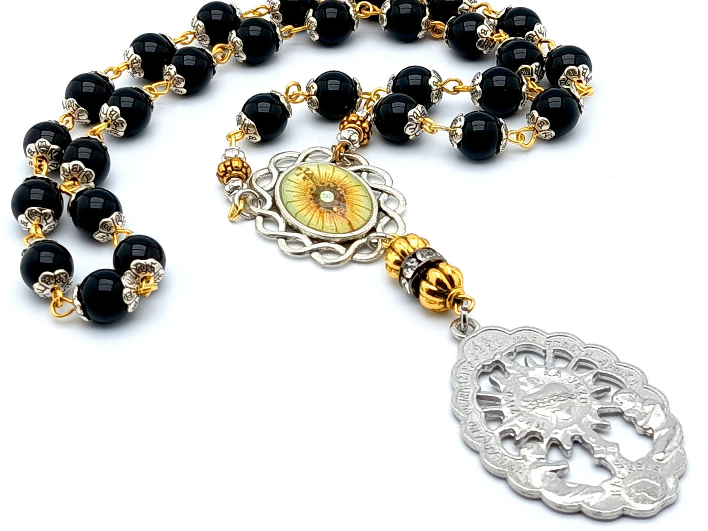 Blessed Sacrament unique rosary beads prayer chaplet with onyx gemstone beads, silver picture centre and end medals.