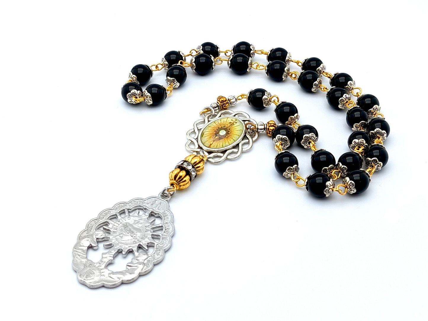 Blessed Sacrament unique rosary beads prayer chaplet with onyx gemstone beads, silver picture centre and end medals.