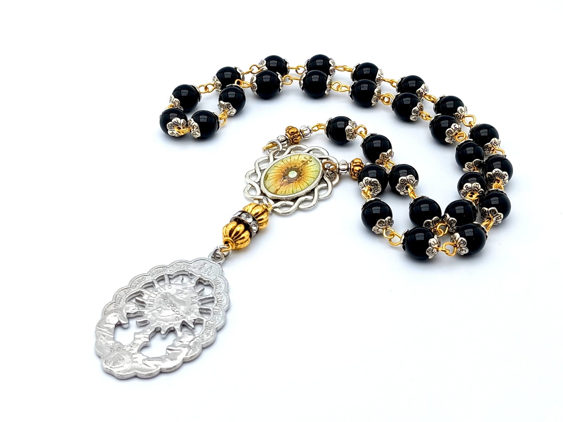 Blessed Sacrament unique rosary beads prayer chaplet with onyx gemstone beads, silver picture centre and end medals.