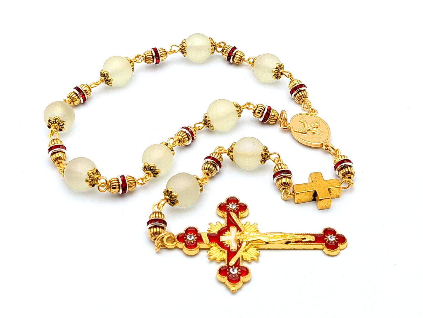 Holy Spirit unique rosary beads prayer chaplet with gold and red glass beads, gold and red emanel crucifix and gold centre medal.