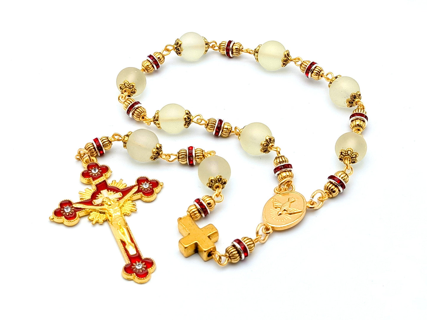 Holy Spirit unique rosary beads prayer chaplet with gold and red glass beads, gold and red emanel crucifix and gold centre medal.