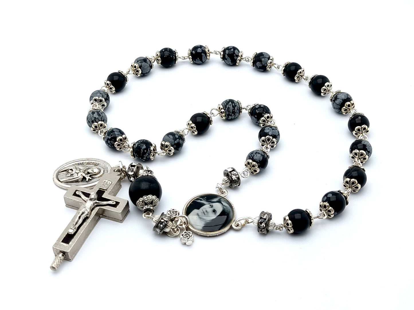 Saint Therese of Lisieux unique rosary beads prayer chaplet  with obsidian gemstone beads, relic holder crucifix and picture centre medal.