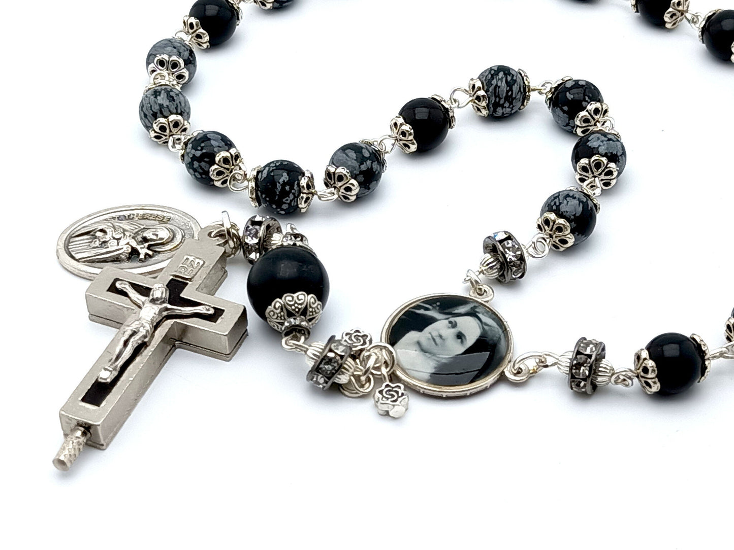 Saint Therese of Lisieux unique rosary beads prayer chaplet  with obsidian gemstone beads, relic holder crucifix and picture centre medal.