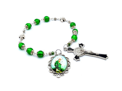 Saint Jude unique rosary beads prayer chaplet with green glass beads, black enamel and silver crucifix and picture end medal.