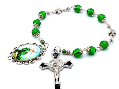 Saint Jude unique rosary beads prayer chaplet with green glass beads, black enamel and silver crucifix and picture end medal.