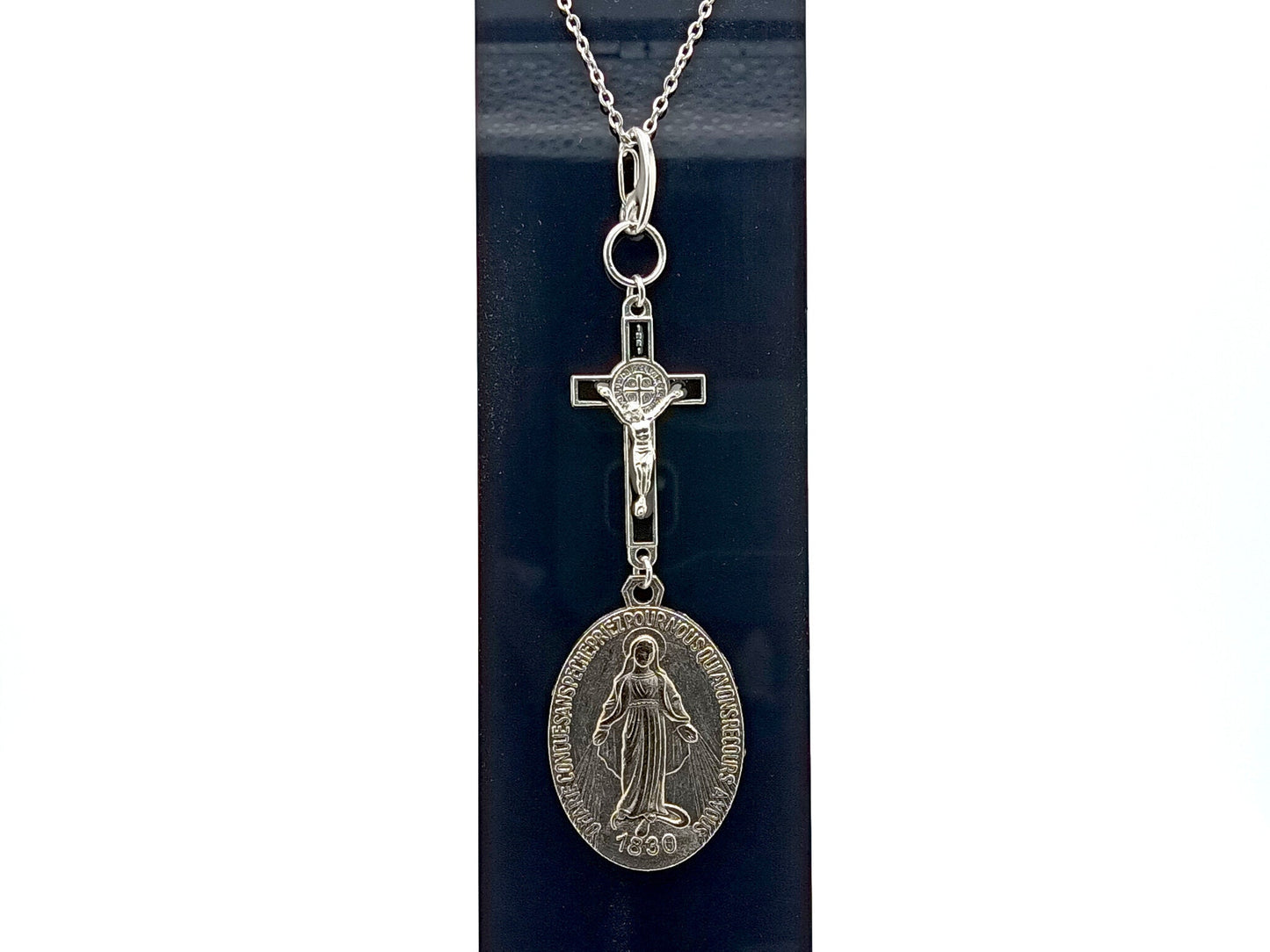 Miraculous medal unique rosary beads key fob with linking Saint Benedict crucifix and stainless steel clasp.