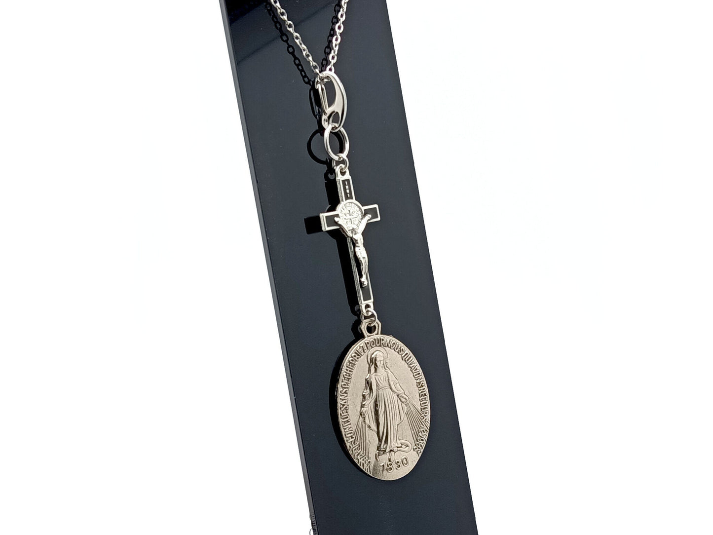 Miraculous medal unique rosary beads key fob with linking Saint Benedict crucifix and stainless steel clasp.