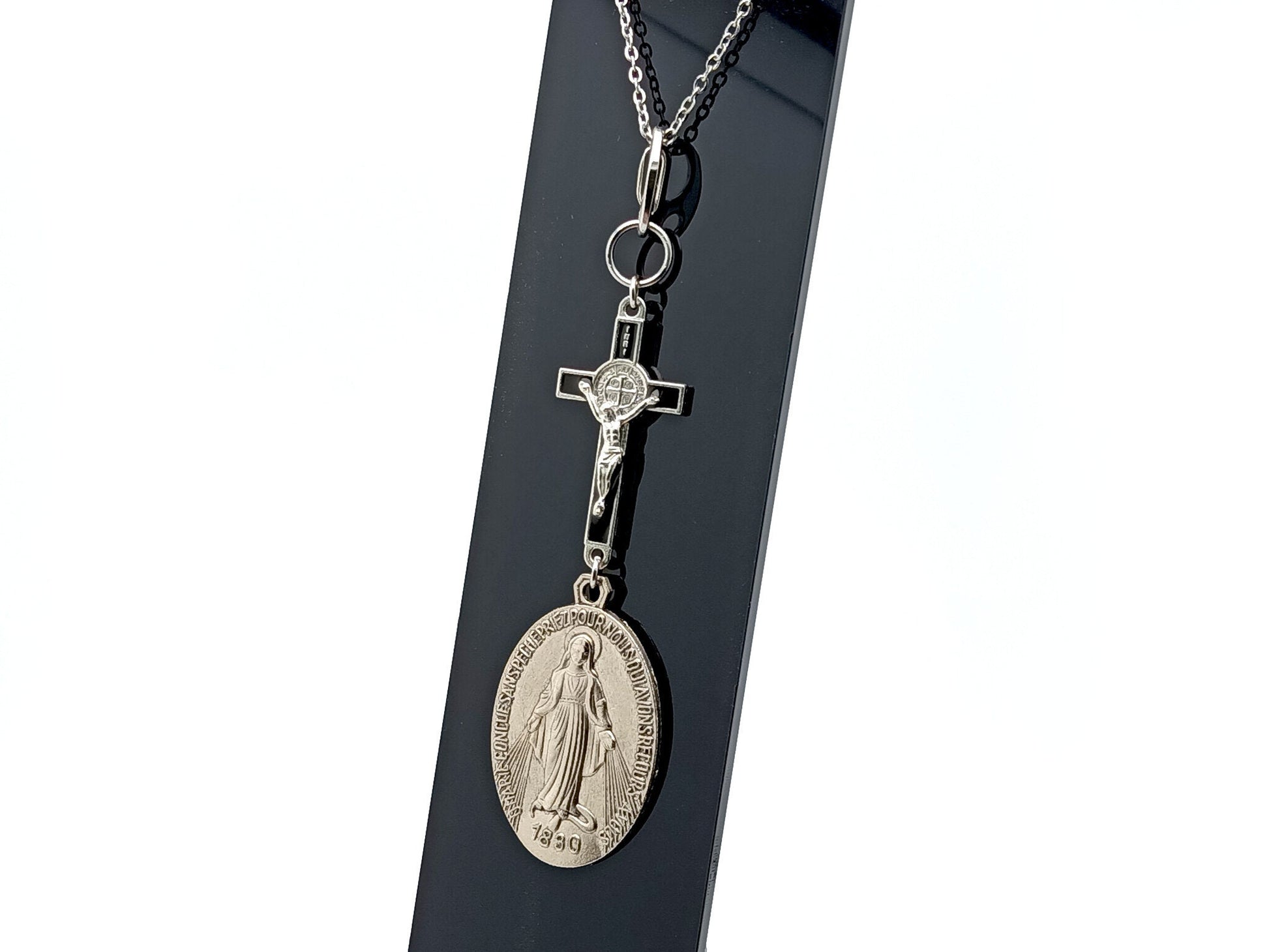 Miraculous medal unique rosary beads key fob with linking Saint Benedict crucifix and stainless steel clasp.