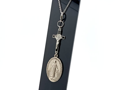 Miraculous medal unique rosary beads key fob with linking Saint Benedict crucifix and stainless steel clasp.