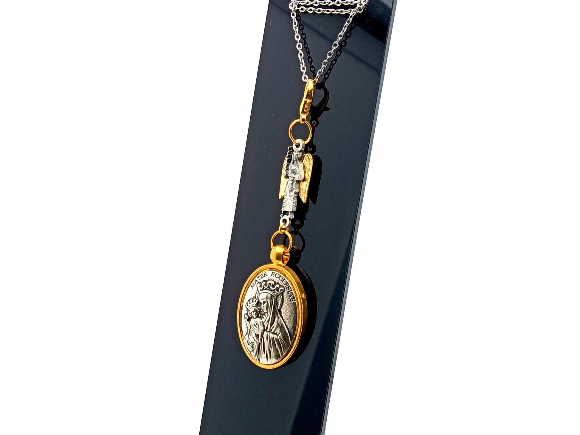 Mater Ecclesiae Mother of the Church unique rosary beads key fob with gold and silver linking Saint Michael medal and clasp.