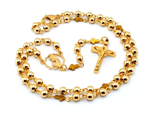 Virgin Mary unique rosary beads with gold plated stainless steel beads, gold plated Saint Benedict crucifix and centre medal.