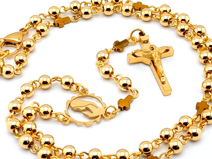 Virgin Mary unique rosary beads with gold plated stainless steel beads, gold plated Saint Benedict crucifix and centre medal.