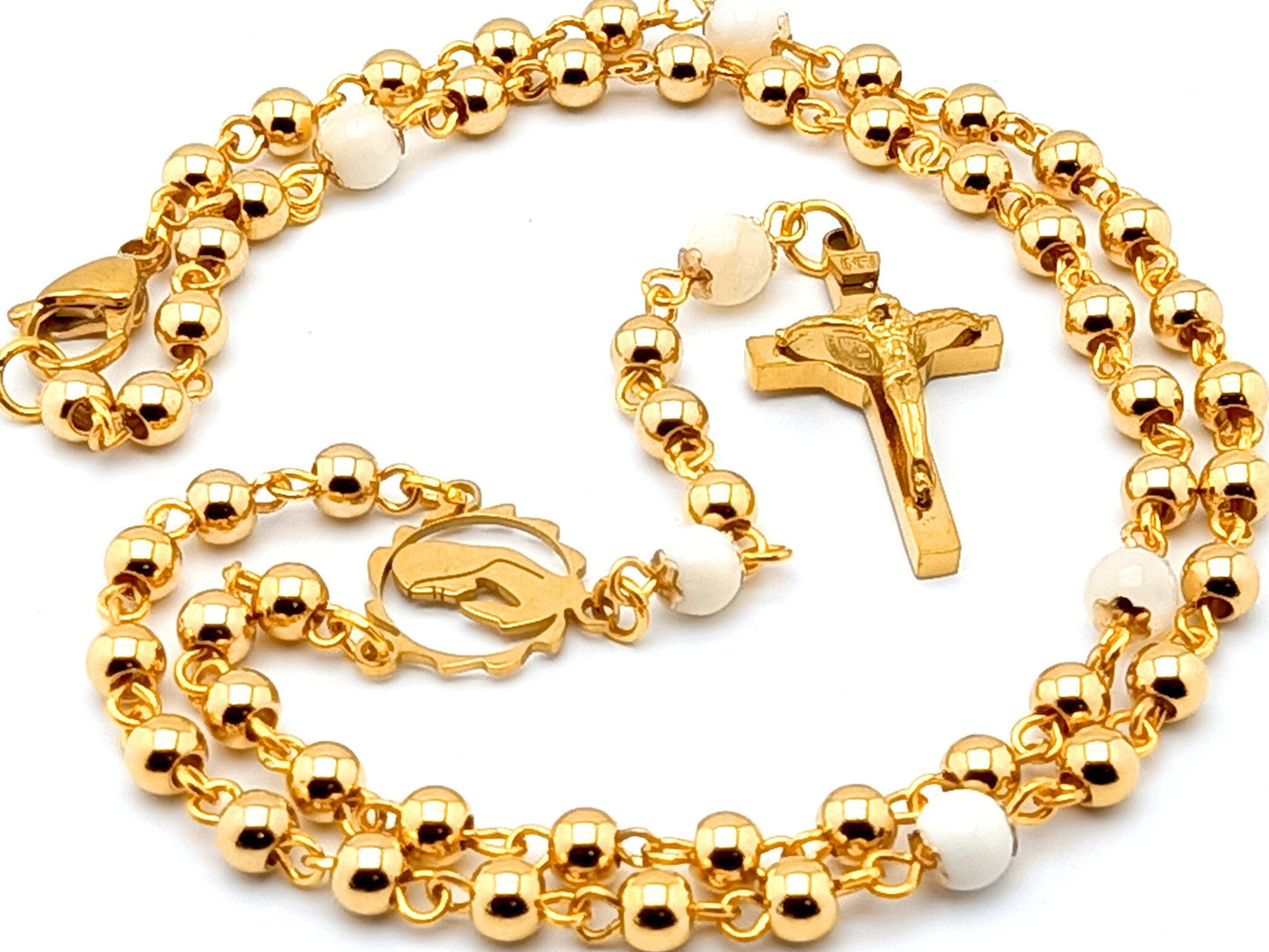 Virgin Mary unique rosary beads with gold plated stainless steel and pearl beads, gold plated Saint Benedict crucifix and centre medal.