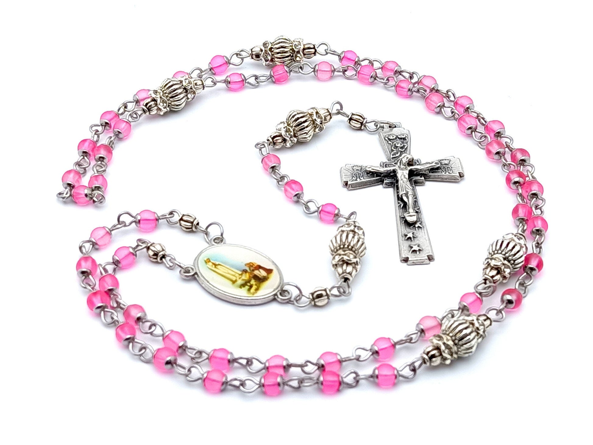 Our Lady of Fatima unique rosary beads miniature rosary with small pink glass and silver beads, silver crucifix and picture centre medal.