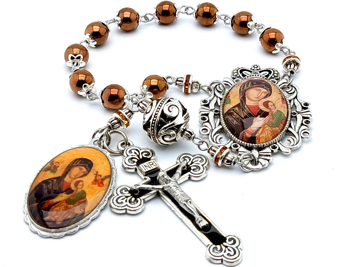 Our Lady of Perpetual Help unique rosary beads single decade rosary with copper hematite gemstone and silver beads, black enamel crucifix and picture centre and end medals.