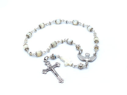 Holy Spirit unique rosary beads single decade rosary with mother of pearl beads, silver crucifixand dove Holy Spirit centre medal.