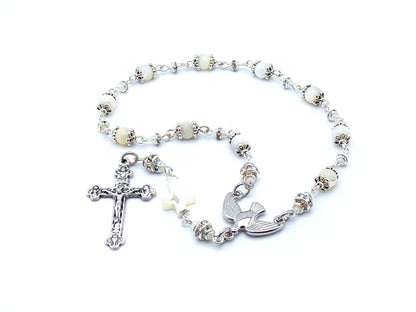 Holy Spirit unique rosary beads single decade rosary with mother of pearl beads, silver crucifixand dove Holy Spirit centre medal.