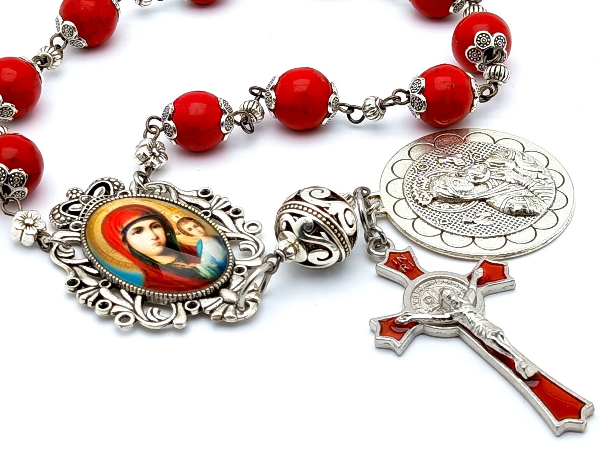 Our Lady of Perpetual Succor unique rosary beads single decade rosary with red gemstone beads, red enamel crucifix and picture centre medal.