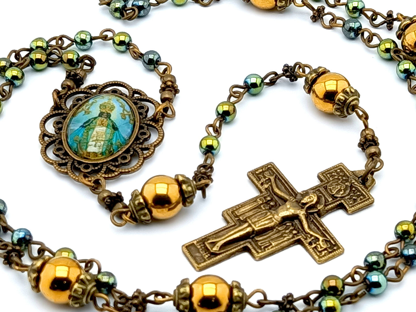 Our Lady of Charity unique rosary beads with blue gree and gold gemstone beads, bronze Saint Francis of Assisi crucifix and picture centre medal.