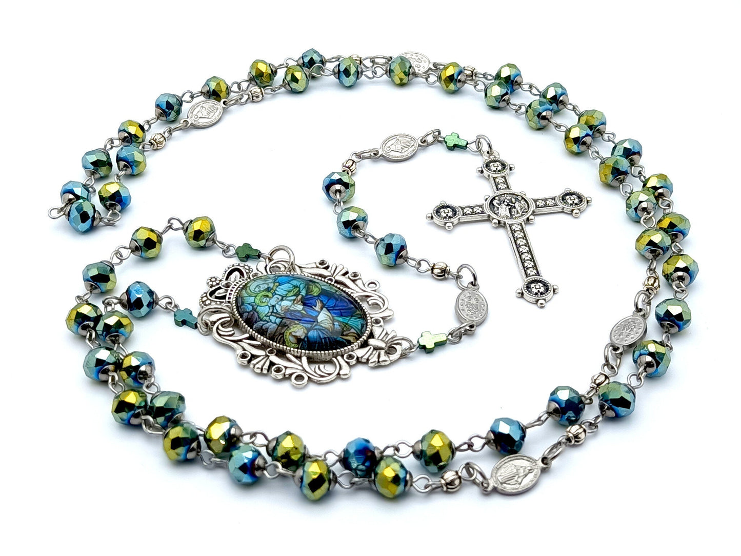 Our Lady of Mount Carmel unique rosary beads with blue green glass and stainless steel Miraculous Medal beads, silver Papal crucifix and picture centre medal.