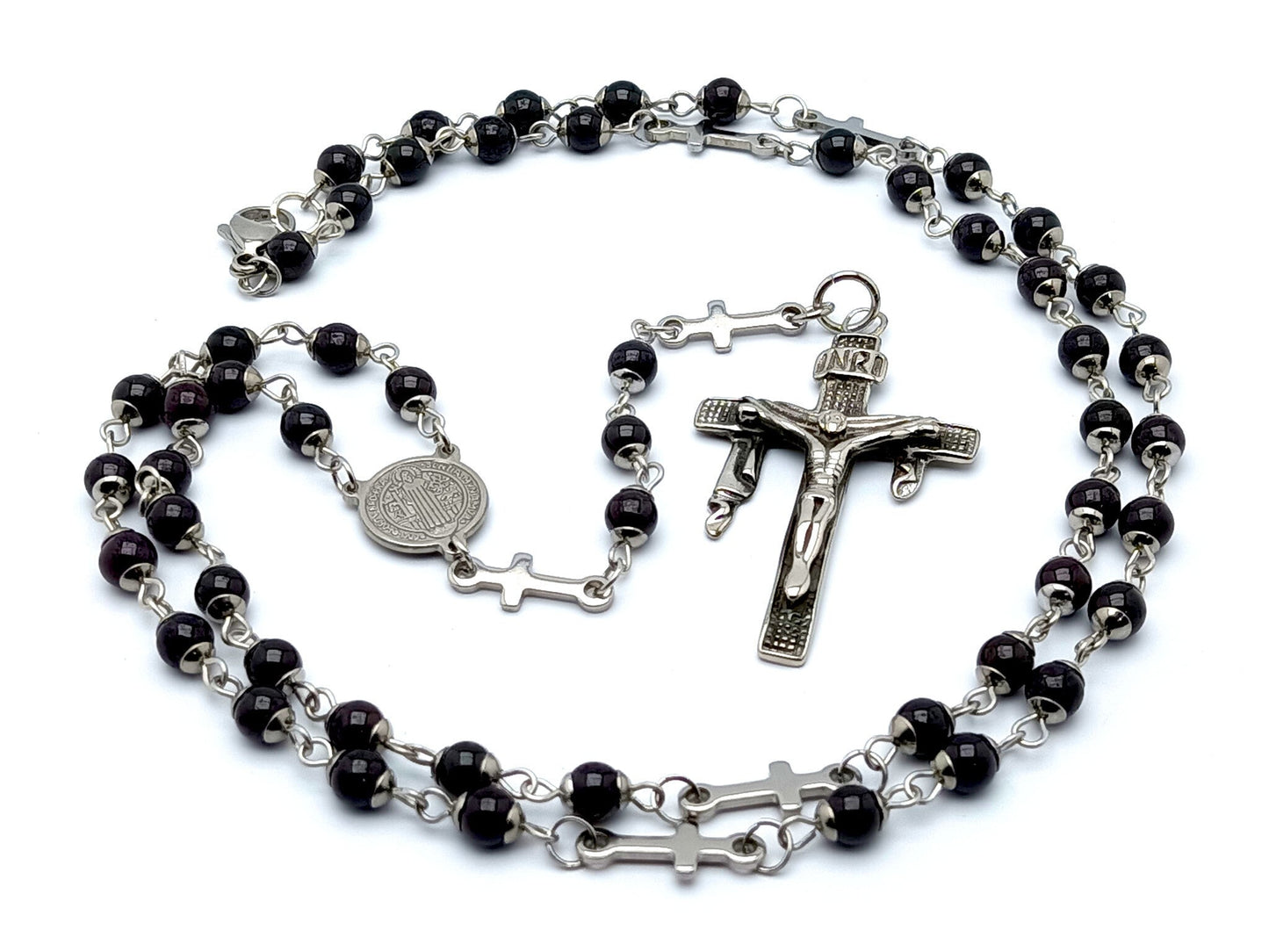 Saint Benedict unique rosary beads with onyx and stainless steel cross beads, stainless steel crucifix and Saint Benedict centre medal. 