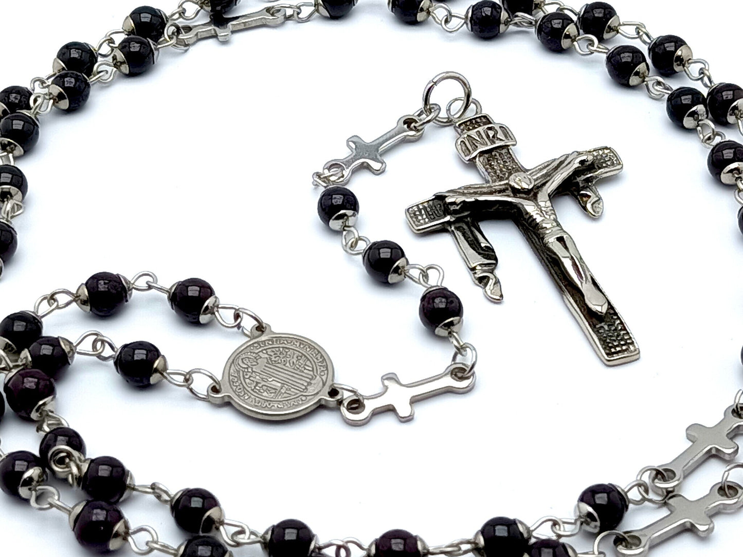 Saint Benedict unique rosary beads with onyx and stainless steel cross beads, stainless steel crucifix and Saint Benedict centre medal. 