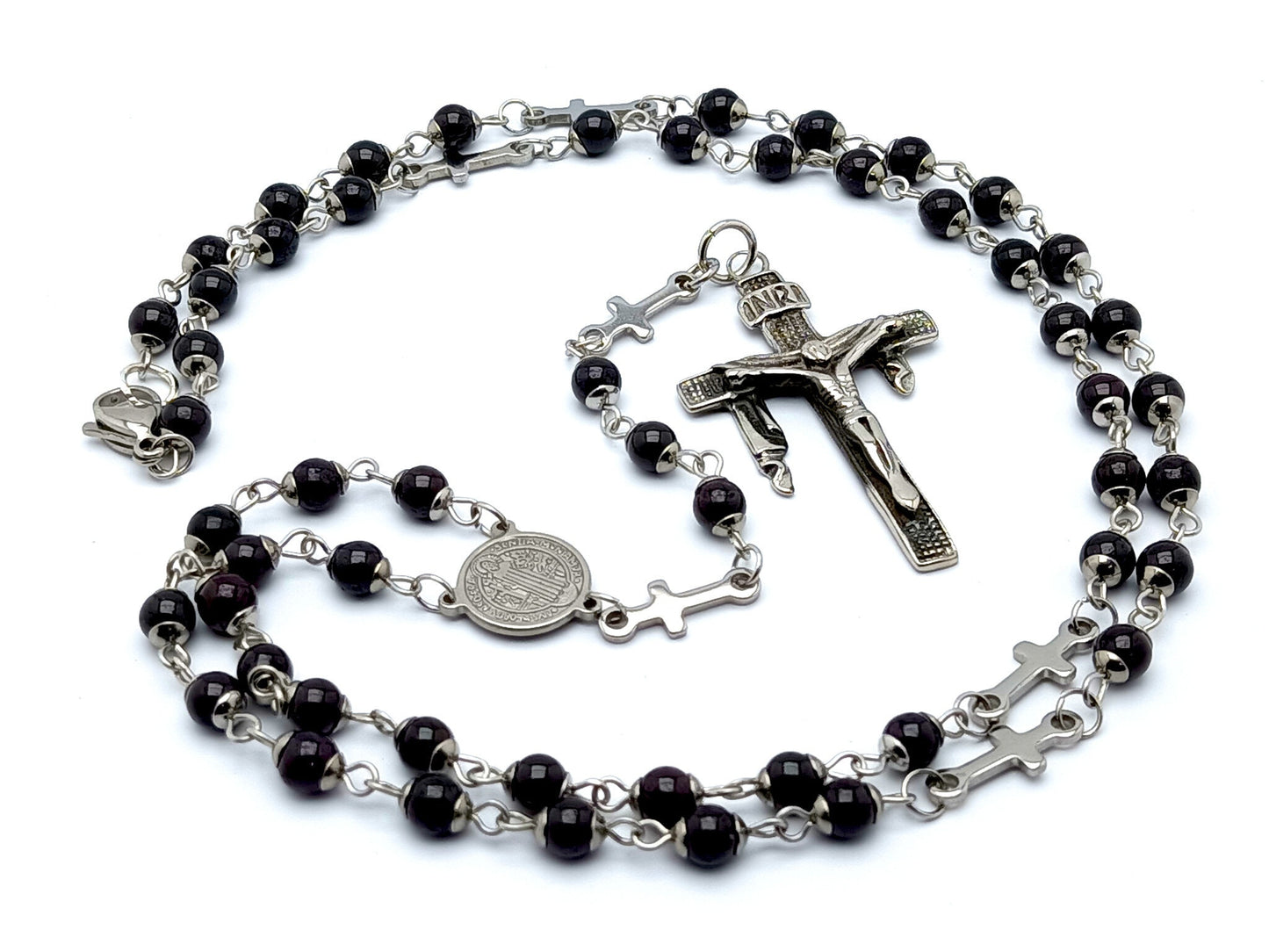 Saint Benedict unique rosary beads with onyx and stainless steel cross beads, stainless steel crucifix and Saint Benedict centre medal. 