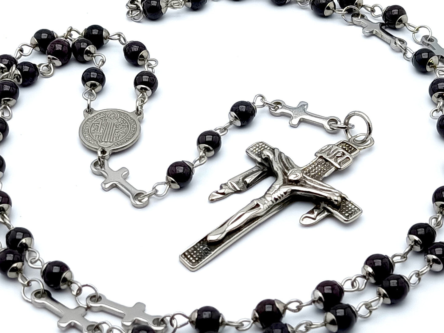 Saint Benedict unique rosary beads with onyx and stainless steel cross beads, stainless steel crucifix and Saint Benedict centre medal. 