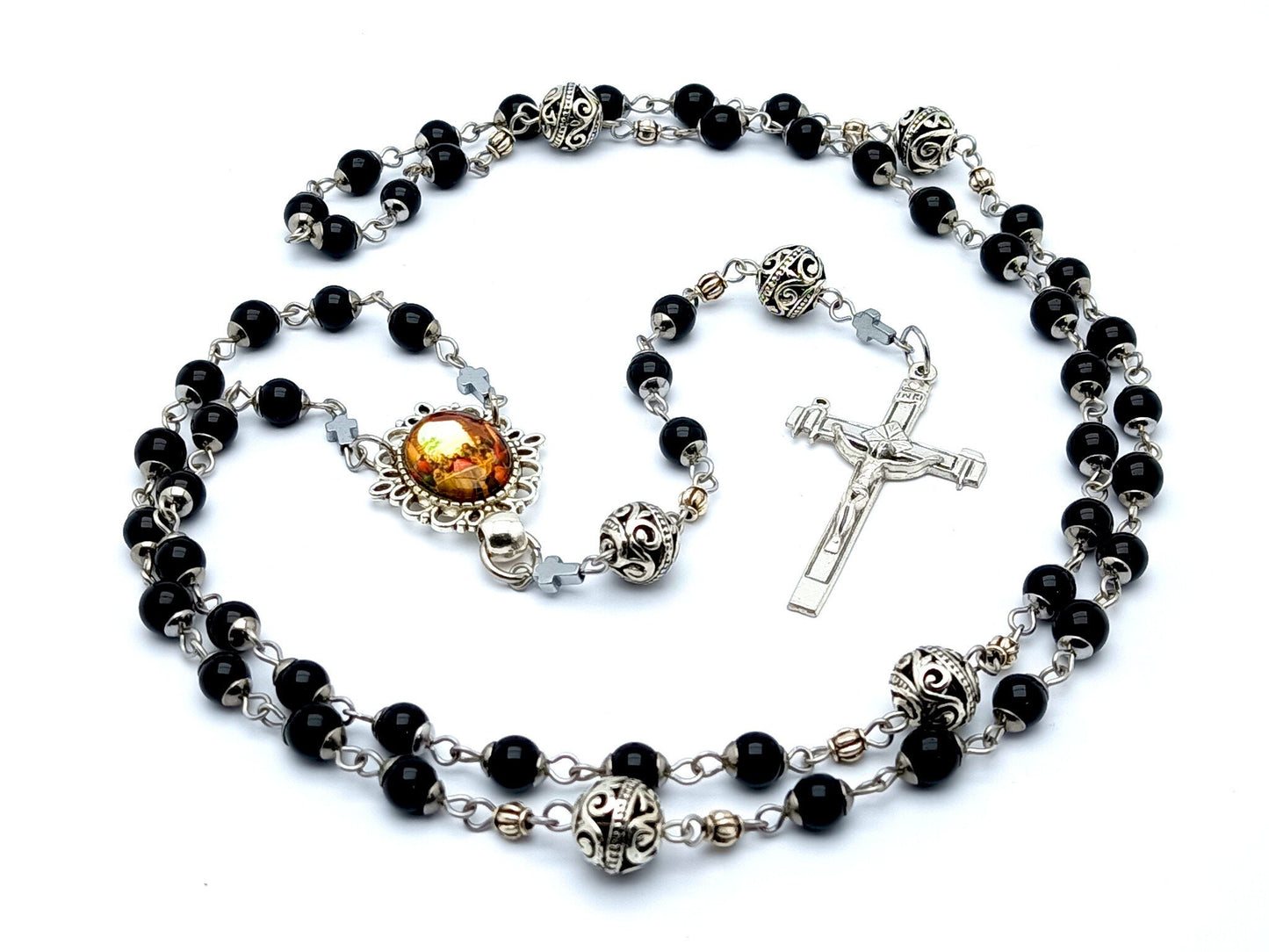 The Lasst Supper unique rosary beads with onyx gemstone and silver beads, silver crucifix and picture centre medal.