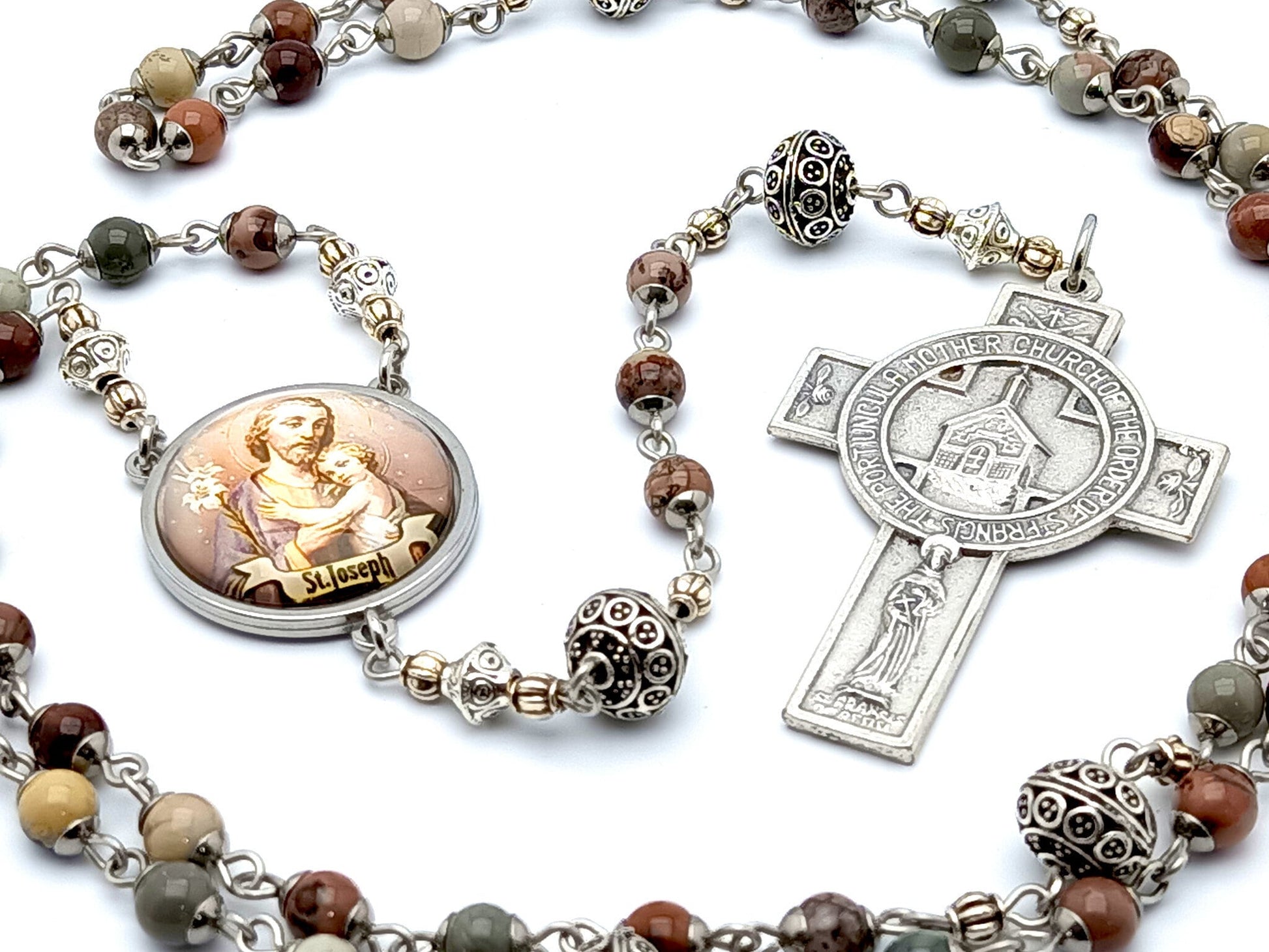 Saint Joseph unique rosary beads with jasper gemstone and silver beads, Portiuncula Assisi cross and picture centre medal.