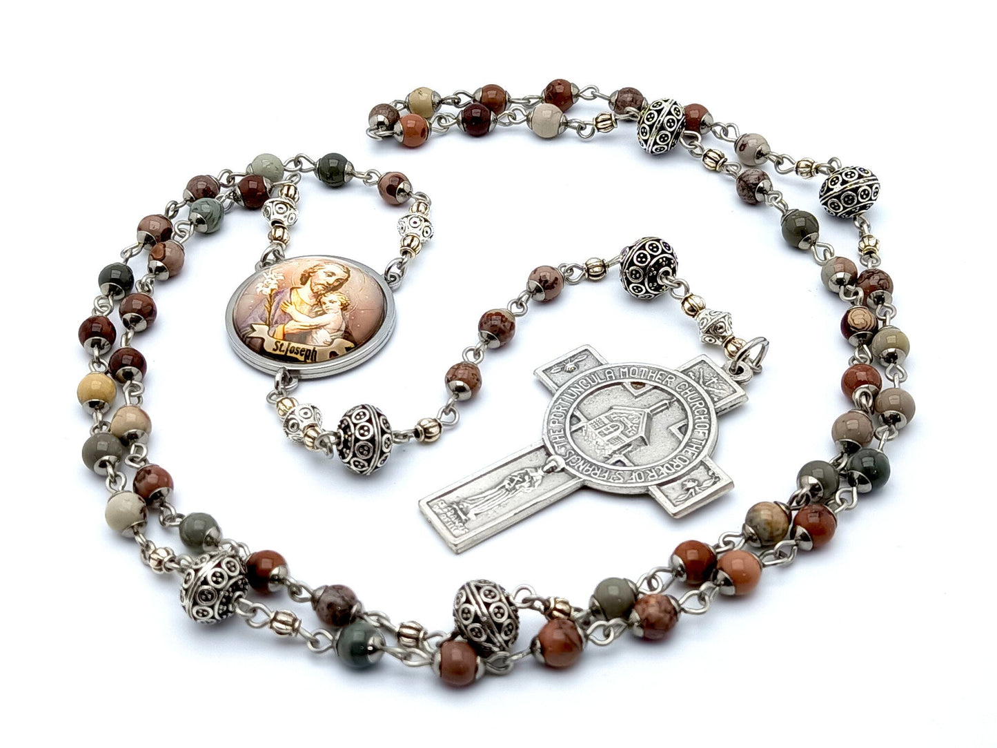 Saint Joseph unique rosary beads with jasper gemstone and silver beads, Portiuncula Assisi cross and picture centre medal.