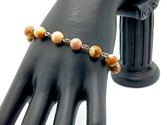 Miraculous medal unique rosary beads single decade rosary bracelet with natural agate gemstone beads, stainless steel crucifix, clasp and medal.