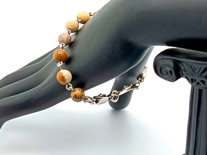 Miraculous medal unique rosary beads single decade rosary bracelet with natural agate gemstone beads, stainless steel crucifix, clasp and medal.