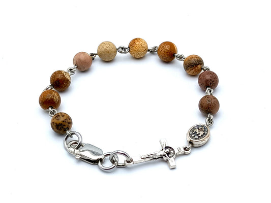 Miraculous medal unique rosary beads single decade rosary bracelet with natural agate gemstone beads, stainless steel crucifix, clasp and medal.