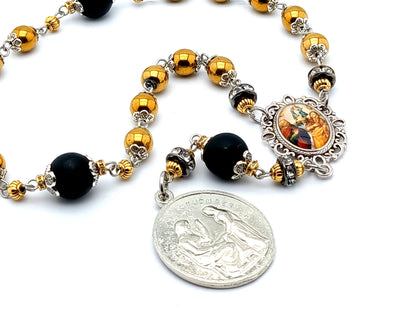 Saint Ann unique rosary beads prayer chaplet with gold hematite and onyx gemstone beads, silver picture centre medal and end medal.