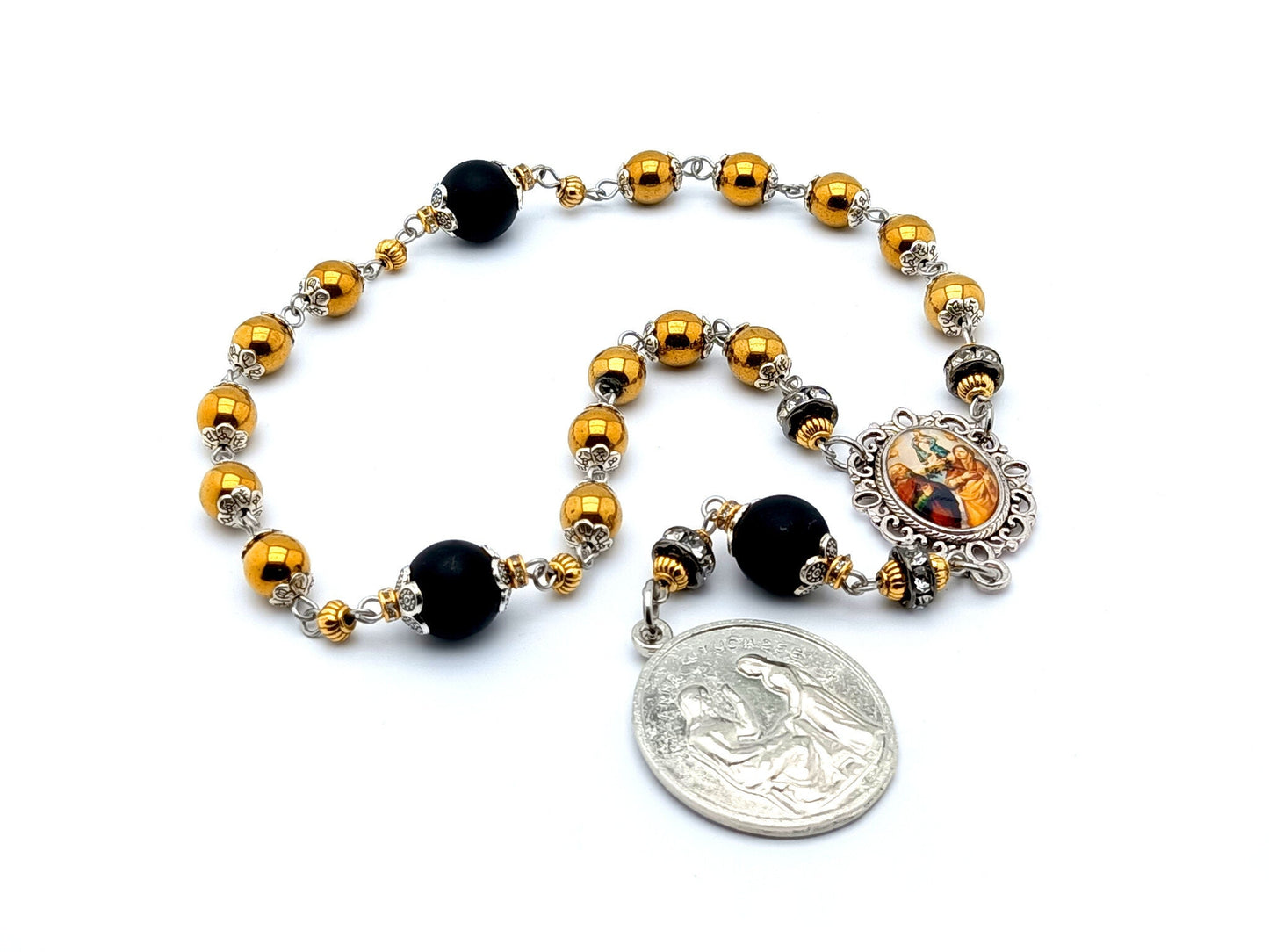 Saint Ann unique rosary beads prayer chaplet with gold hematite and onyx gemstone beads, silver picture centre medal and end medal.