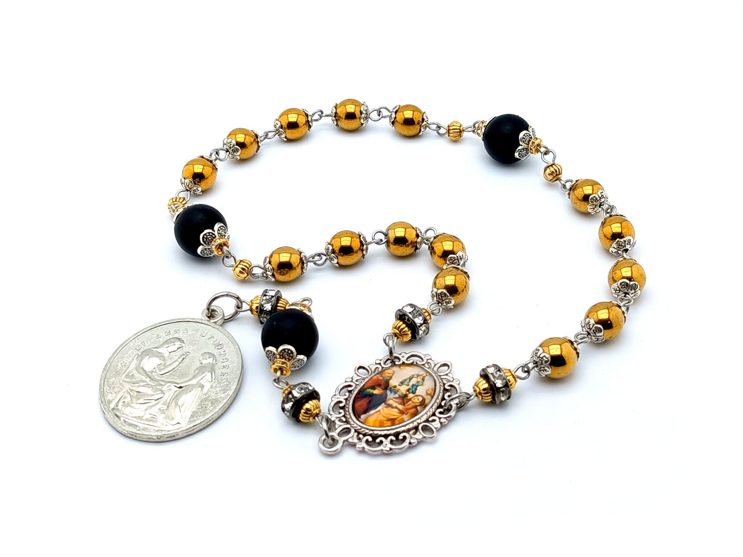 Saint Ann unique rosary beads prayer chaplet with gold hematite and onyx gemstone beads, silver picture centre medal and end medal.