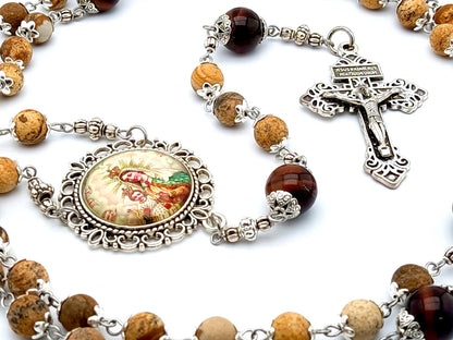 Our Lady of Mount Carmel unique rosary beads with natural gemstone and tigers eye beads, silver pardon crucifix and picture centre medal.