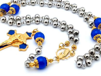Saint Benedict unique rosary beads with stainless steel and sapphire gemstone beads, gold plated steel blue enamel crucifix and gold plated Virgin Mary centre medal.