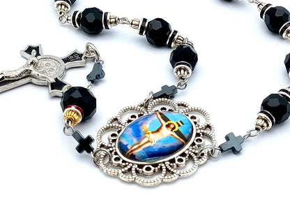 The Crucifixion unique rosary beads single decade rosary with black faceted glass beads, black enamel crucifix and silver picture centre medal.