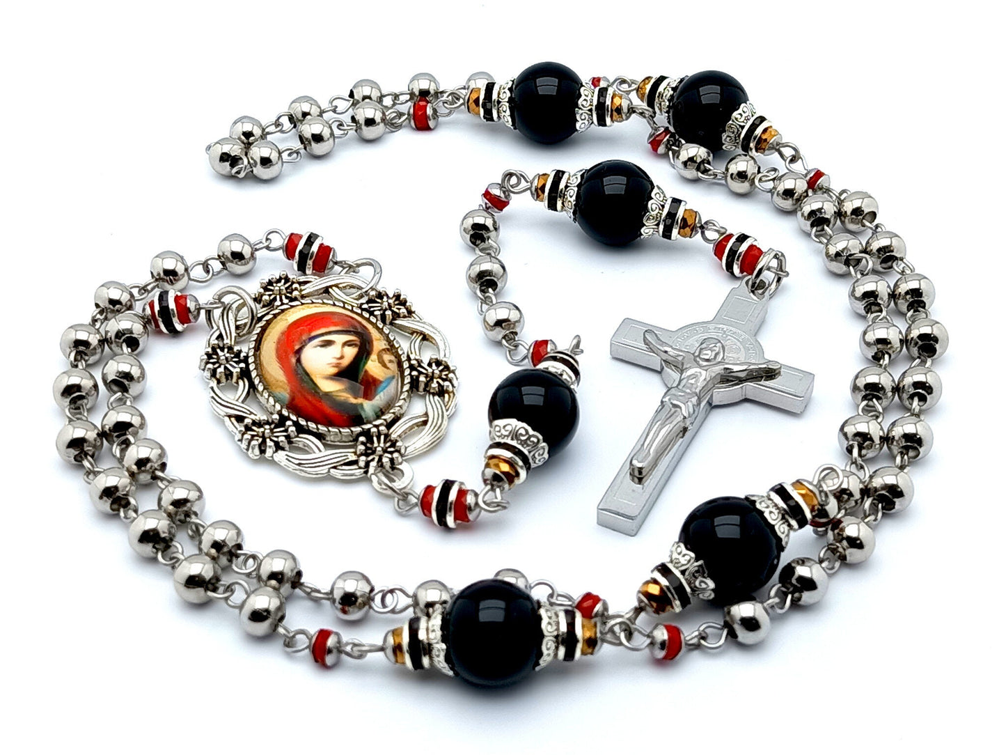 Our Lady of Perpetual Help unique rosary beads with stainless steel and onyx beads, Saint Benedict stainless steel crucifix and picture centre medal.