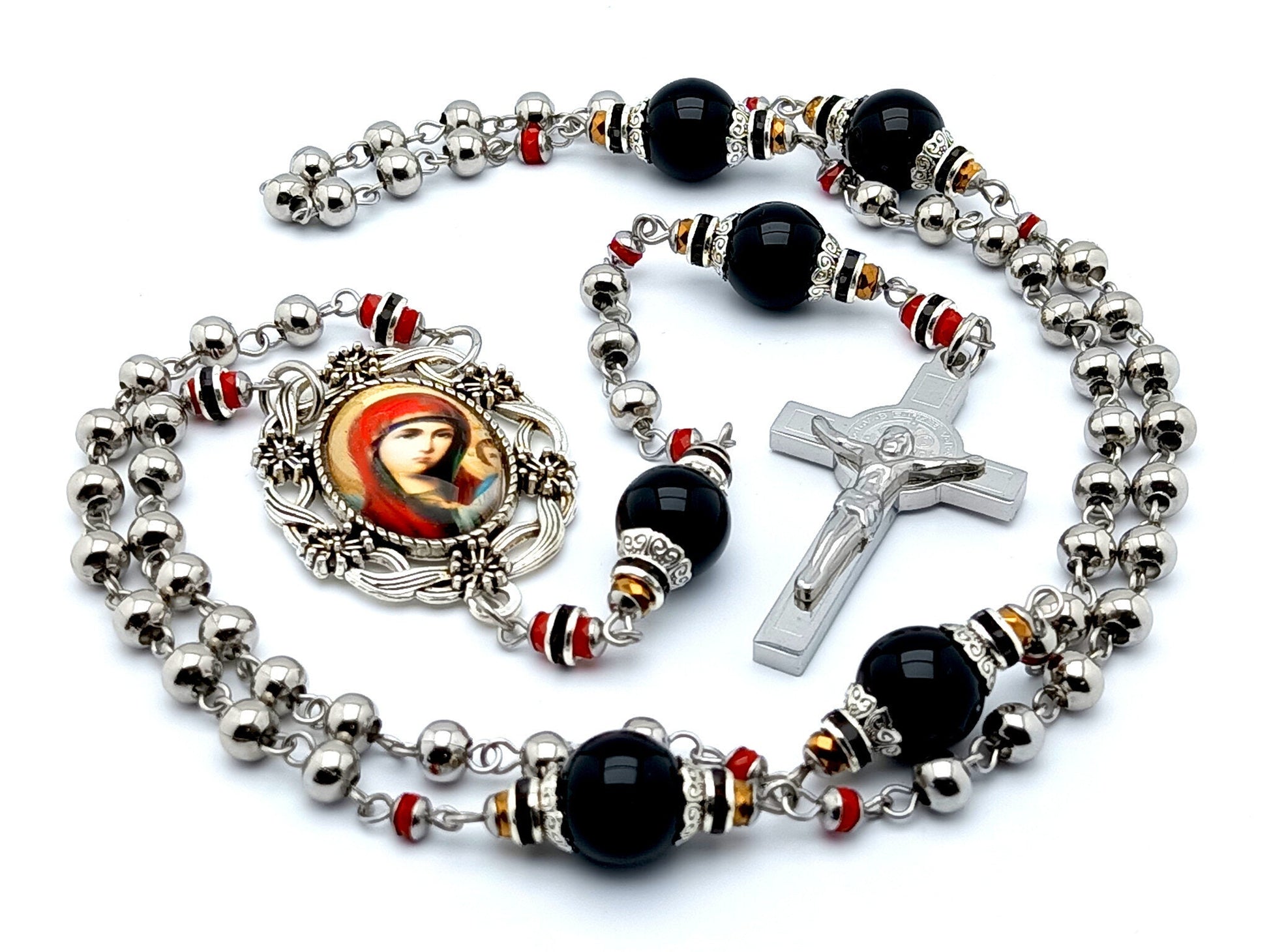 Our Lady of Perpetual Help unique rosary beads with stainless steel and onyx beads, Saint Benedict stainless steel crucifix and picture centre medal.