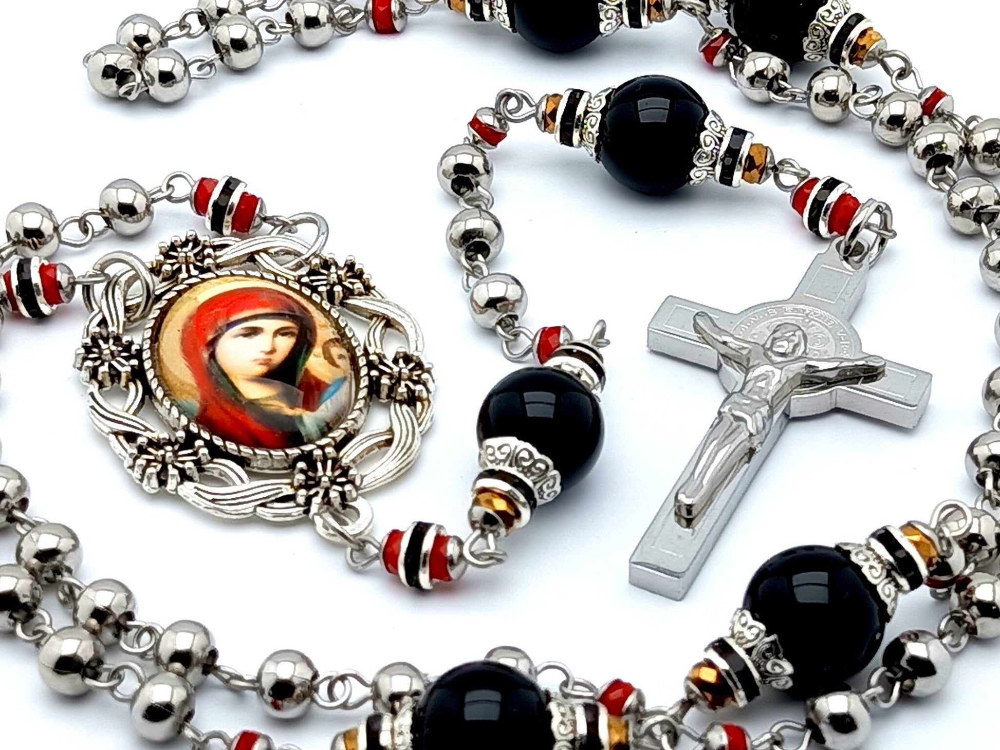 Our Lady of Perpetual Help unique rosary beads with stainless steel and onyx beads, Saint Benedict stainless steel crucifix and picture centre medal.