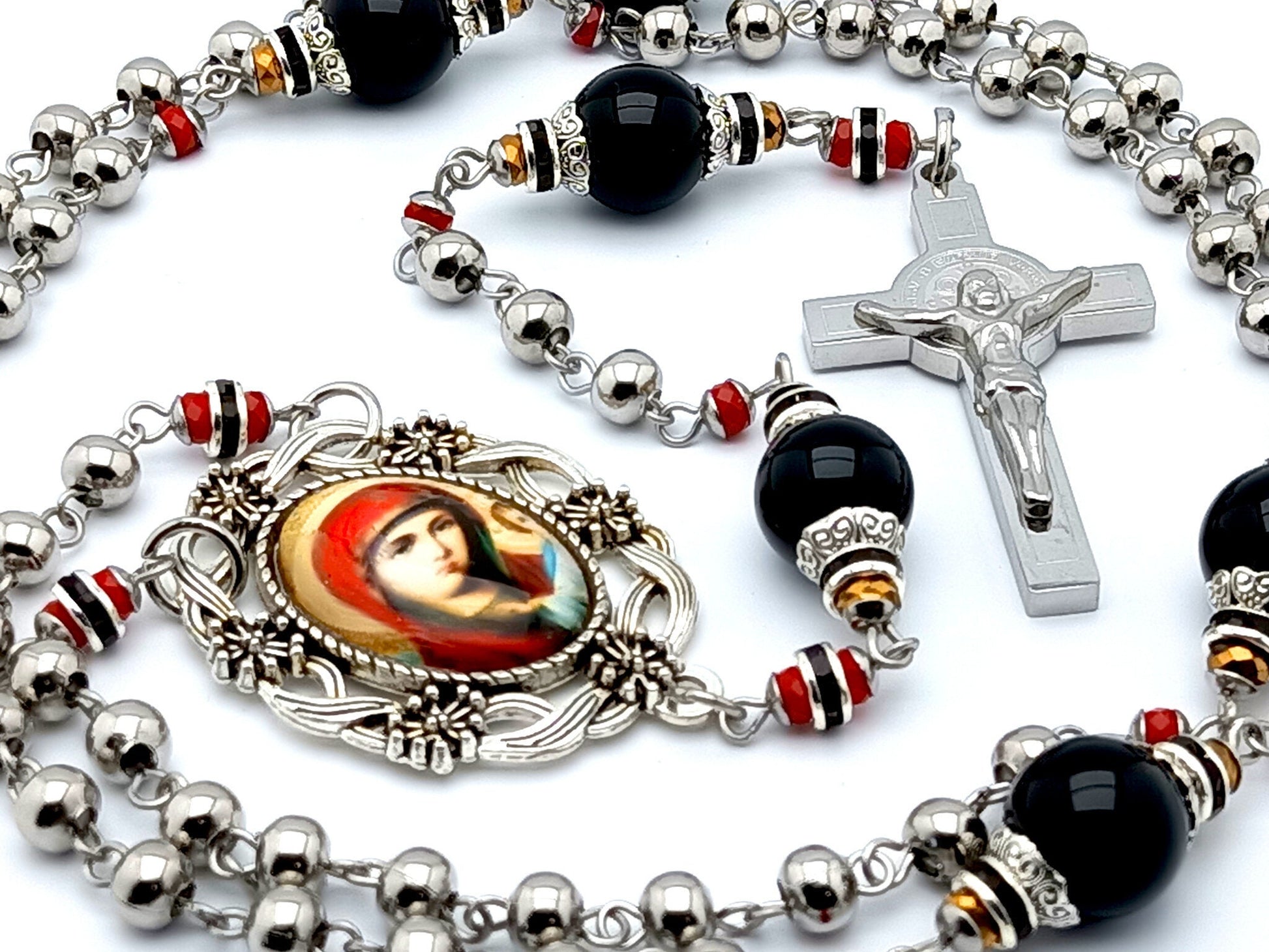 Our Lady of Perpetual Help unique rosary beads with stainless steel and onyx beads, Saint Benedict stainless steel crucifix and picture centre medal.