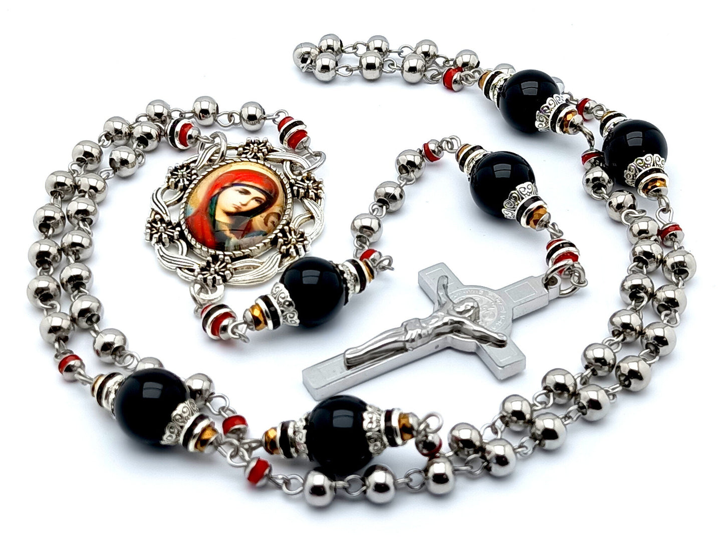 Our Lady of Perpetual Help unique rosary beads with stainless steel and onyx beads, Saint Benedict stainless steel crucifix and picture centre medal.