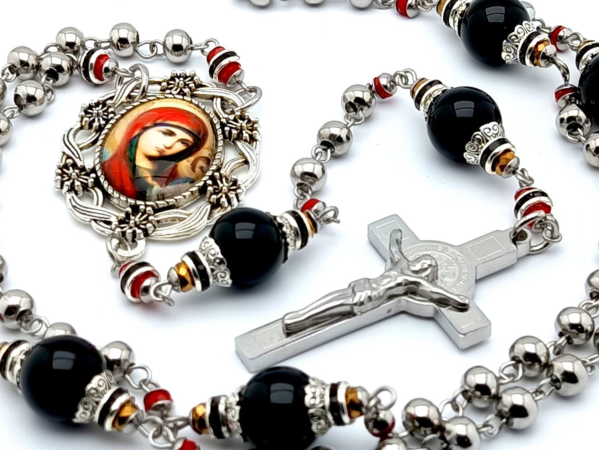 Our Lady of Perpetual Help unique rosary beads with stainless steel and onyx beads, Saint Benedict stainless steel crucifix and picture centre medal.