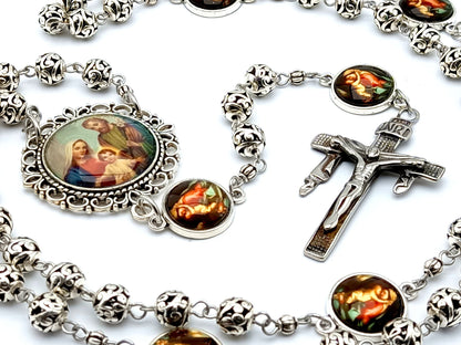 Holy Family unique rosary beads with silver and picture medal beads, stainless steel crucifix and picture centre medal.
