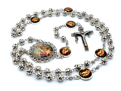 Holy Family unique rosary beads with silver and picture medal beads, stainless steel crucifix and picture centre medal.