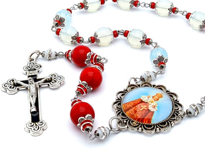 Infant of Prague unique rosary beads prayer chaplet with opal and red gemstone beads, black and silver enamel crucifix and picture centre medal.